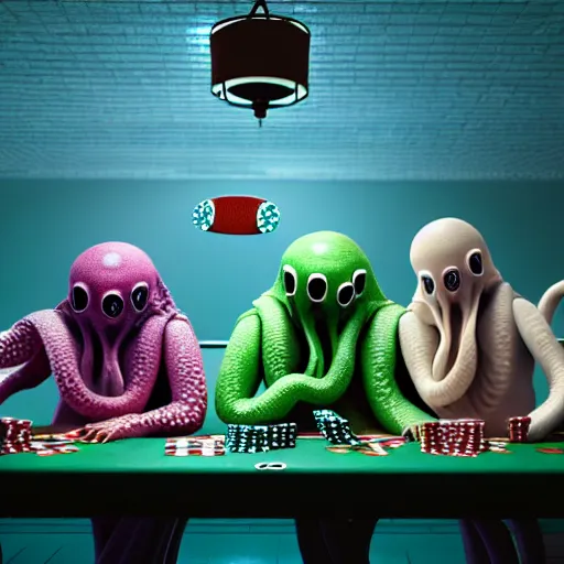 Image similar to hyperrealism simulation highly detailed human octopuses'wearing transparent jackets, playing poker in surreal scene from art house movie from future by wes anderson rendered blender and octane render