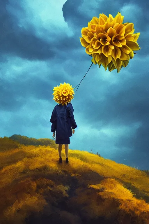 Prompt: closeup girl with huge yellow dahlia flower face, intricate, standing on mountain, surreal photography, blue storm clouds, dramatic light, impressionist painting, digital painting, artstation, simon stalenhag