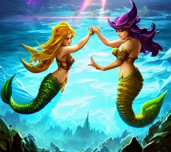 Image similar to two mermaids share a victorious fistbump, crepuscular rays behind fistbump, whimsical, dungeons and dragons, league of legends splash art, heroes of the storm splash art, hearthstone splash art, world of warcraft splash art, overwatch splash art, art by artgerm, art by alphonse mucha, intricately detailed, highly detailed, trending on artstation,