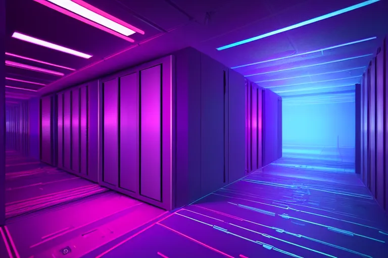 Image similar to realistic robot in a data server room, neon and dark, purple and blue color scheme, by dan mumford and malevich, beeple, fusion 3 d art