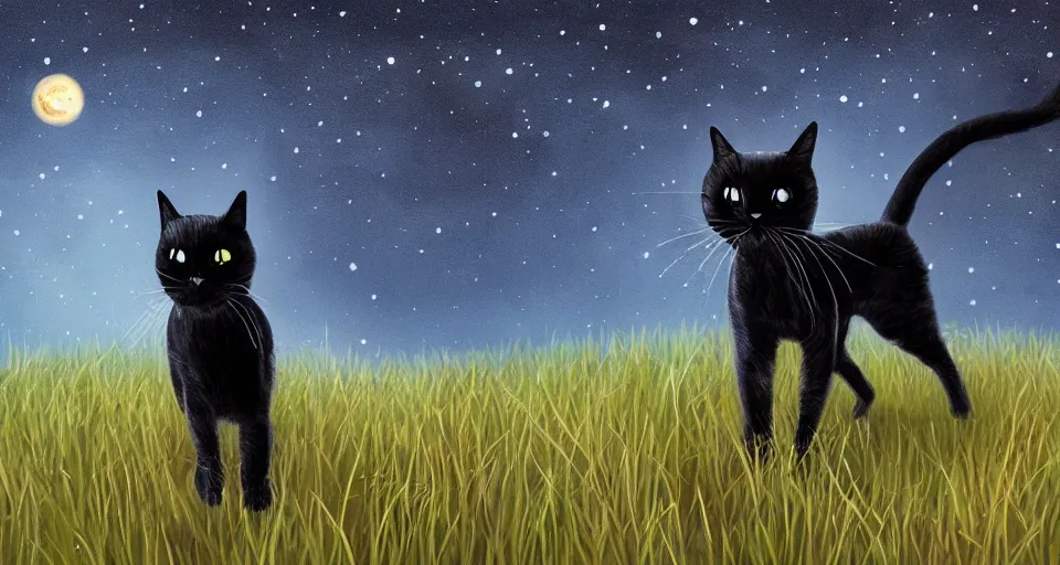 Image similar to black cat walking around in an open field at night with fireflies in the air and lots of stars in the sky, digital painting, highly detailed, magical, trending on artstation