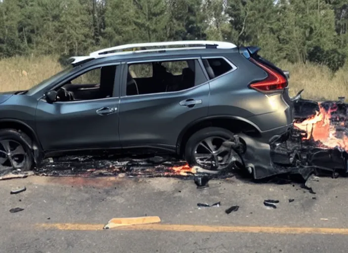 Prompt: a crashed black 2017 nissan rogue on the side of the highway, on fire