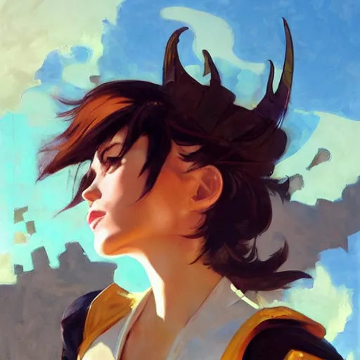 Image similar to greg manchess painting of tracer wearing a knight armor, medium shot, organic painting, sunny day, bold shapes, hard edges, street art, trending on artstation, by huang guangjian and gil elvgren and sachin teng and artgerm and greg rutkowski and alphonse mucha