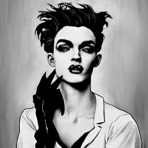 Image similar to beautiful portrait of androgynous ruby rose as desire from sandman in a white tuxedo!!!, rockabilly style,, by alphonse mucha, by jeremy mann, by peter lindbergh, cedric peyravernay, by frank moth, white suit and black tie, soft lightning, high detailed, 8 k