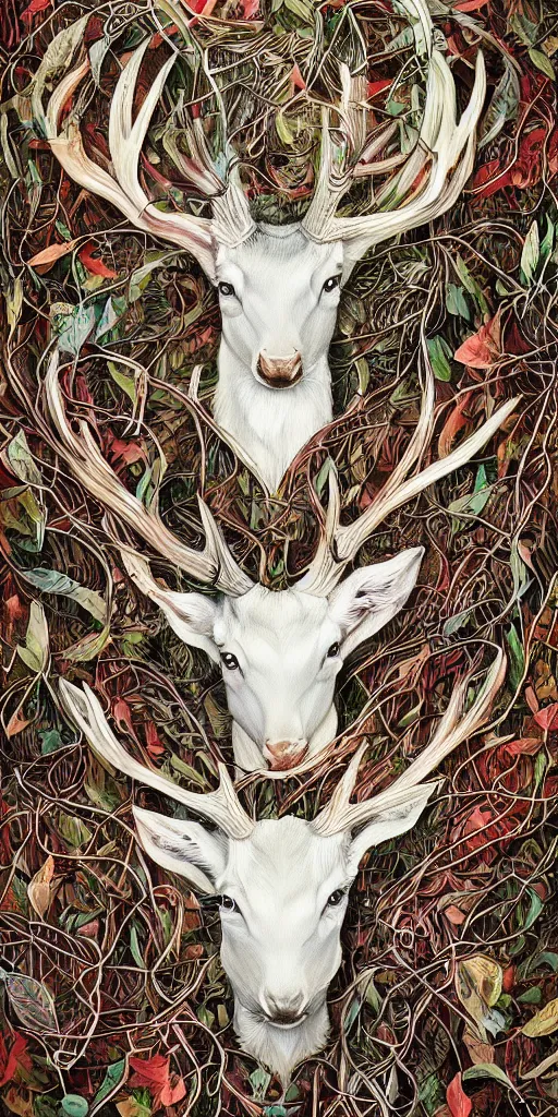 Image similar to highly detailed portrait of a white stag with vines entwined with its antlers by roger dean and alena aenami, dynamic lighting
