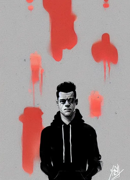 Prompt: highly detailed closeup art portrait of rami malek, elliot alderson, black hoody by atey ghailan, by greg rutkowski, by greg tocchini, by james gilleard, by joe fenton, by kaethe butcher, gradient red, black and white color scheme, grunge aesthetic!!! ( ( graffiti tag wall background ) )