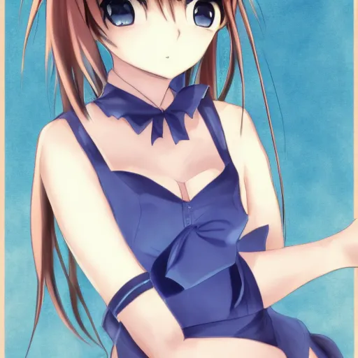 Image similar to a woman in a blue dress with a tie around her neck, an anime drawing by Jin Homura, featured on pixiv, lyco art, pixiv, anime, deviantart hd