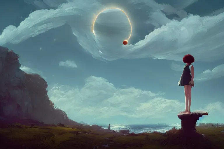 Image similar to giant white daisy flower blooming on head, girl standing on cliff, surreal photography, solar eclipse, stars, dramatic light, impressionist painting, clouds, digital painting, artstation, james gilleard, liam wong, jeremy mann, simon stalenhag