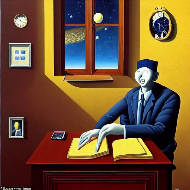 Image similar to an oil on canvas portrait of a business man in his office studying, surrealism, surrealist, cosmic horror, rob gonsalves, high detail