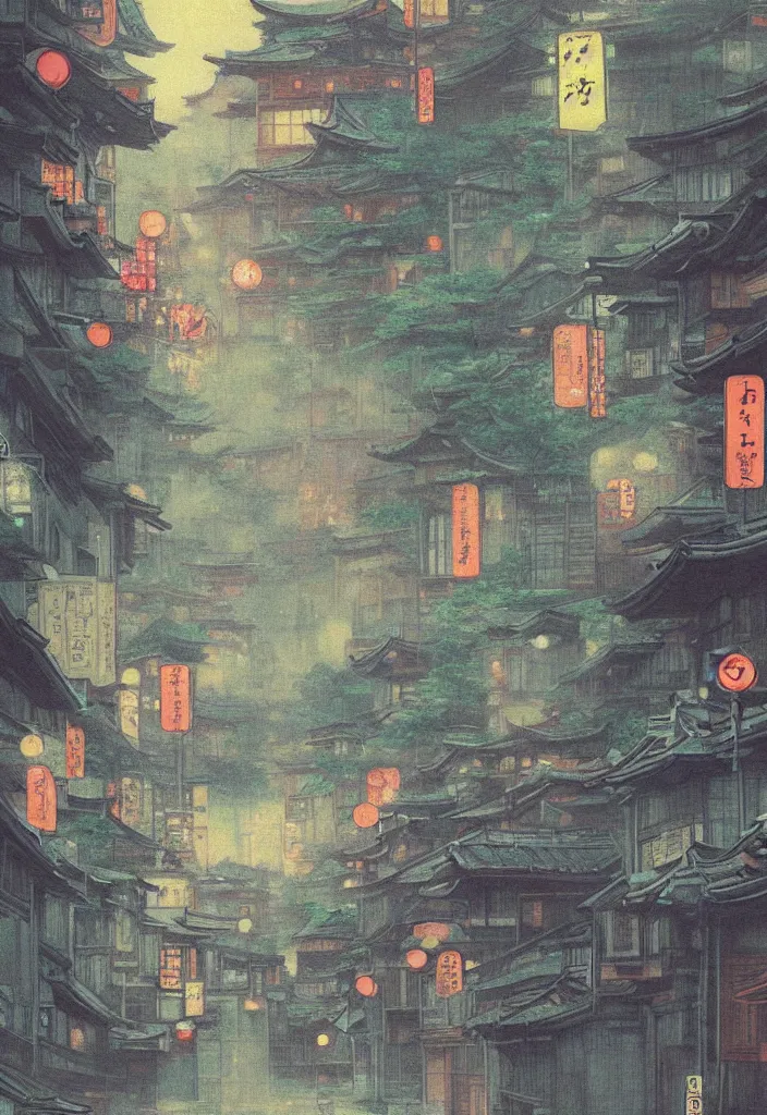 Image similar to a beautiful japanese city in the mountain, amazing ryokans and gorgeous edo era houses, yokai all around, epic cyberpunk, lofi vibe, colorful, vivide colors, amazing light, light beams with dust, really mesmerizing nature, by jeremy lipkin, by claude monet, by makoto shinkai, kandinsky touches, inspired by ghibli, masterpiece, beautiful