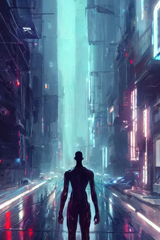 Image similar to black male cyborg body modifications hd greg rutkowski low perspective! cyberpunk city neon rain