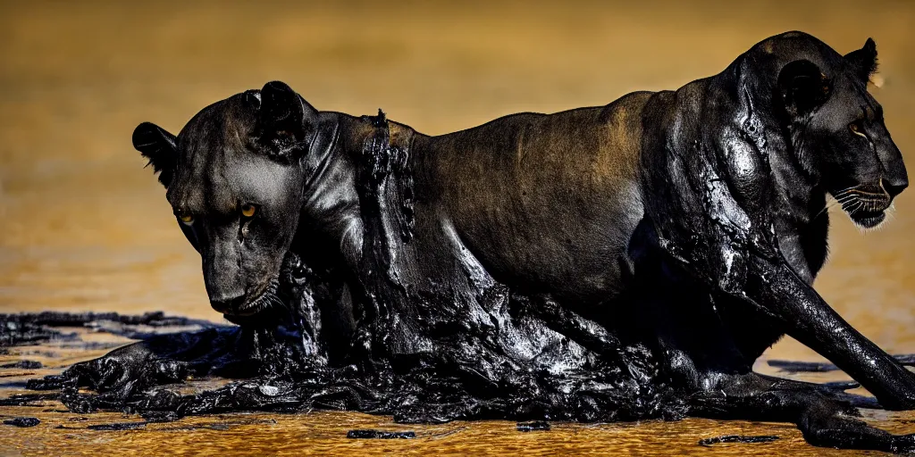 Image similar to a black lioness, made of smooth black goo, bathing inside the lake of black goo, viscous, sticky, full of tar, covered with black goo. dslr, photography, realism, animal photography, color, savanna, wildlife photography, black goo