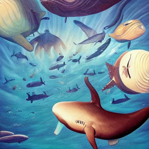 Prompt: an modern hyperrealistic painting, under the sea, helicopters flying underwater around a big whale