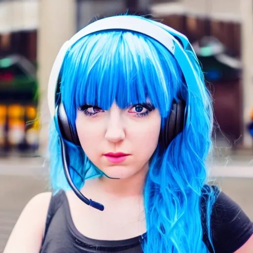Image similar to an anime girl with blue hair and headphones