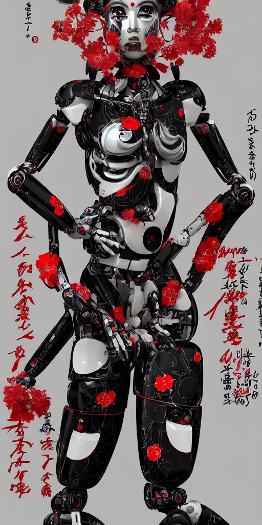 Image similar to full body portrait of a Japanese robot geisha with kanji tattoos and decals, intricate, octane render, ultra fine detailed, character design, trending on artstation