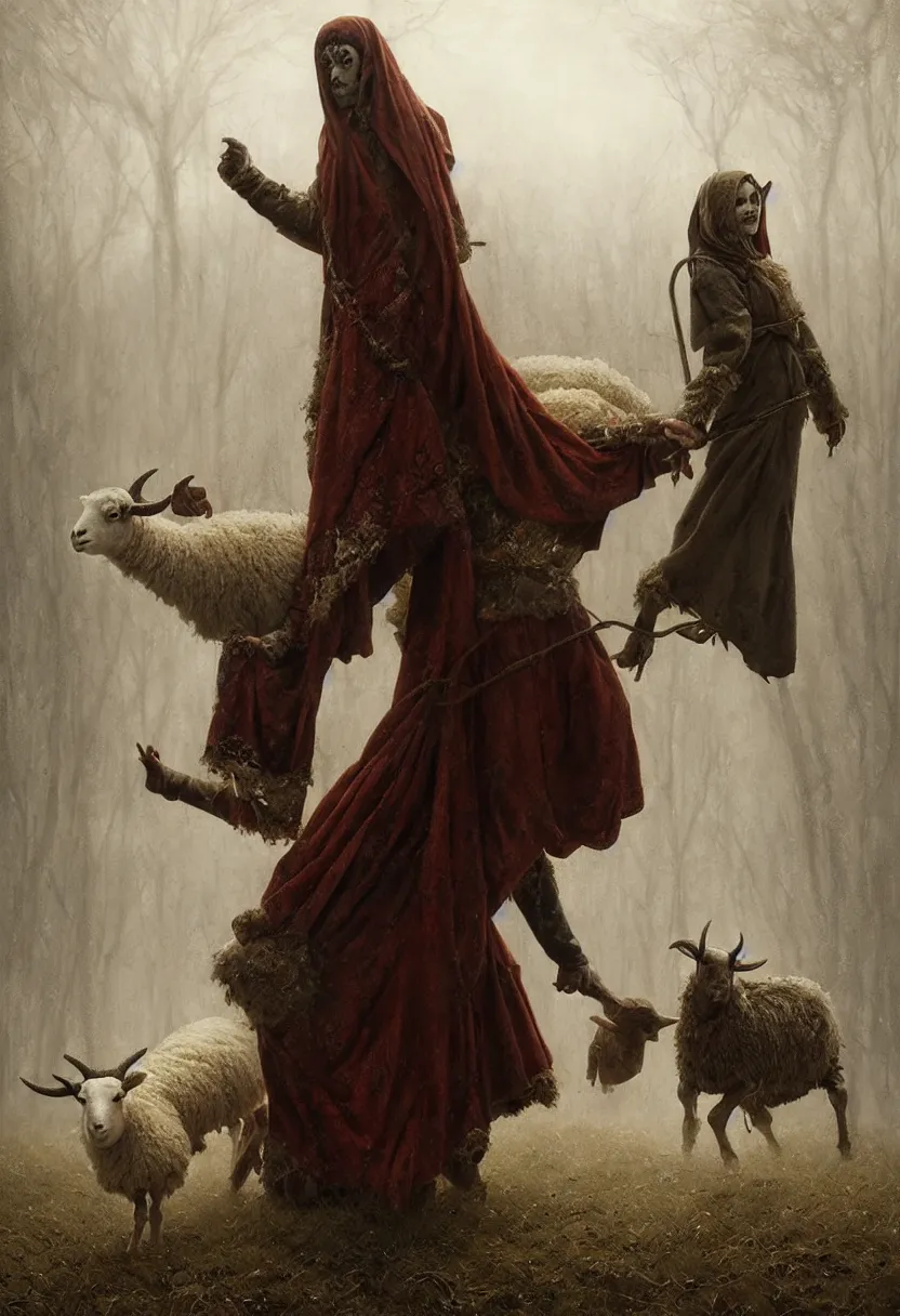 Image similar to spooky slavic pagan ritual with figure in sheep skin chasing away the winter. extremely high fidelity, 8 k, super resolution, cinematic view, super resolution, epic, hyperdetailed, digital painting, artstation, concept art, smooth, sharp focus, octane render, dramatic lighting, art by artgerm and greg rutkowski and alphonse mucha and wlop