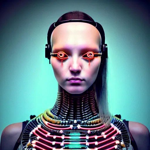 Prompt: Colour aesthetic Caravaggio style full body Photography of Highly detailed beautiful cybertronic ukrainian woman with 1000 year old detailed face wearing highly detailed retrofuturistic sci-fi Neural interface designed by Hiromasa Ogura . In style of Josan Gonzalez and Mike Winkelmann and andgreg rutkowski and alphonse muchaand and Caspar David Friedrich and Stephen Hickman and James Gurney and Hiromasa Ogura. Rendered in Blender and Octane Render volumetric natural light