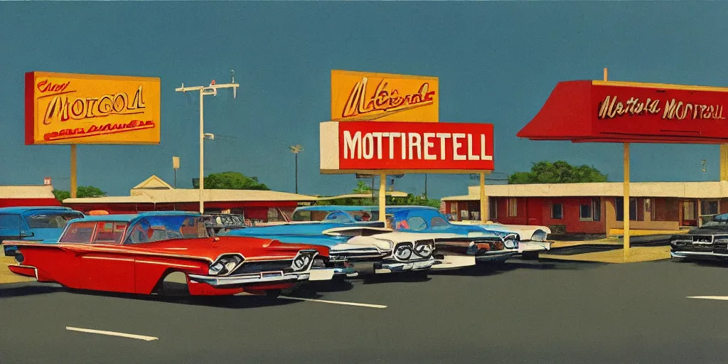 Prompt: 1 9 6 0 s americana painting of a motel and motel sign with cars parked outside by norman rockwell