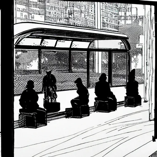 Prompt: people waiting in bus stop, by moebius