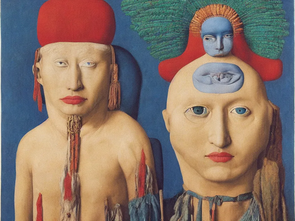 Image similar to Portrait of albino mystic with blue eyes, with totemic archaic simple painted Mayan mask. Painting by Jan van Eyck, Audubon, Rene Magritte, Agnes Pelton, Max Ernst, Walton Ford