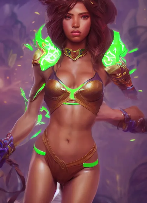 Prompt: senna from league of legends, au naturel, hyper detailed, brown skin, fluorescent green eyes, digital art, trending in artstation, cinematic lighting, studio quality, smooth render, unreal engine 5 rendered, octane rendered, art style by klimt and nixeu and ian sprigger and wlop and krenz cushart