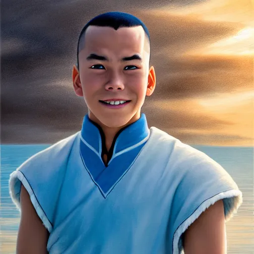 Image similar to beautiful serene intricate photograph of sokka from the water tribe as an inuit young man with light blue eyes, smiling confidently, relaxing on the beach, golden hour, soft focus, 8 k, art by irakli nadar, hyperrealism, hyperdetailed, ultra realistic