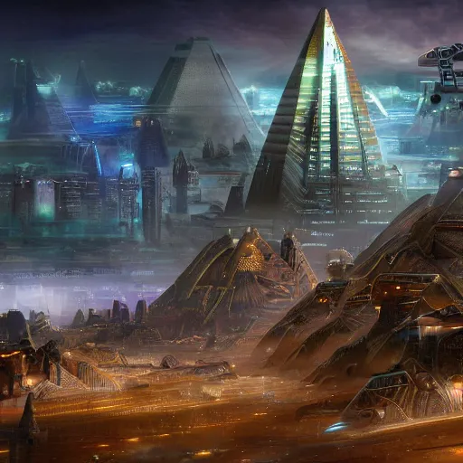 Image similar to a scene of a beautiful intricate epic futuristic pharaoh city with cyber pyramids and neo sphynx with steampunk vehicles taken from a distance, minimalist, cinematic lighting