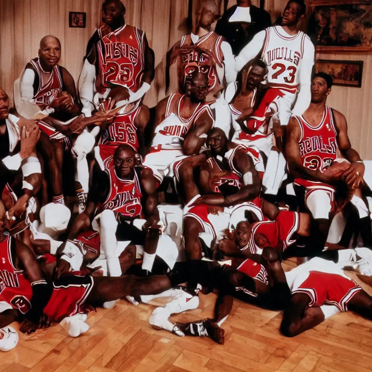 Prompt: Michael Jordan on a couch surrounded by 5 other Michael Jordan\'s, 4k hd, sharp, backlit, gorgeous lighting