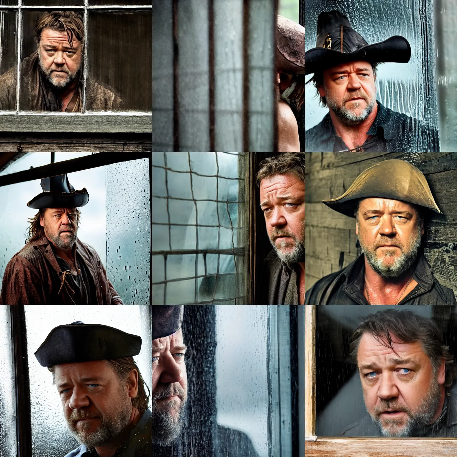 Prompt: a small window showing concerned russell crowe wearing a big pirate hat standing behind a rainy dirty window and wooden wall peering out towards the camera