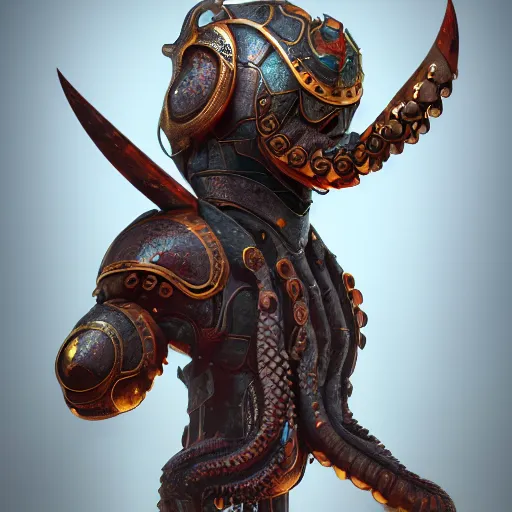 Image similar to full body portrait of single warrior in octopus inspired armour, character design, designed in blender, 4 k hd, octane render, coloured, intricate, detailed