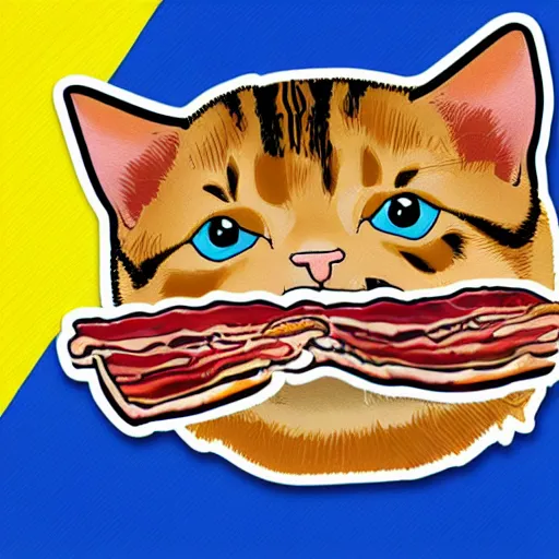 Image similar to A sticker with a cat eating a bacon.Cartoon.digital art.high quality.high accuracy.colorful.beautiful