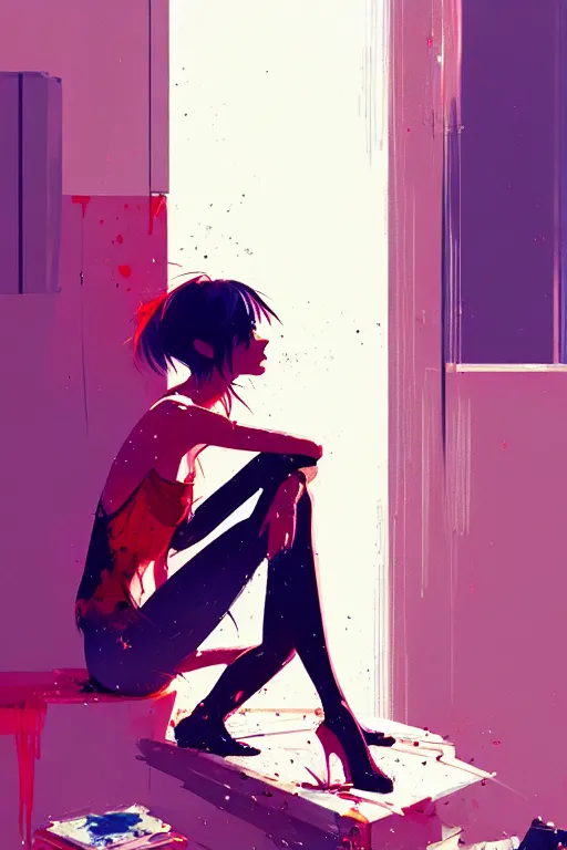 Image similar to a ultradetailed beautiful panting of a stylish woman sitting in a messy apartment, by conrad roset, greg rutkowski and makoto shinkai, trending on artstation