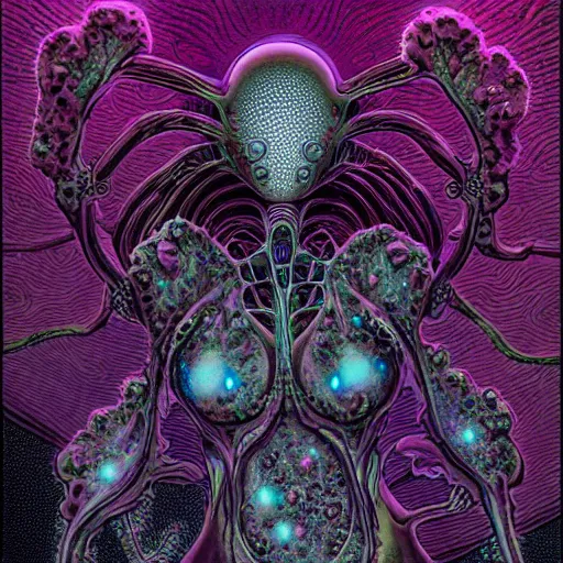 Prompt: sleek highly evolved biomechanical nubile phyrexian dreadnought pregnant borg queen hybrid dotted with small fractal lichens and fungal growth being possessed by the machine spirit, artists mœbius and philippe caza with beryl cook and jack kirby, high contrast cinematic light, mystical shadows, sharp focus, octane render