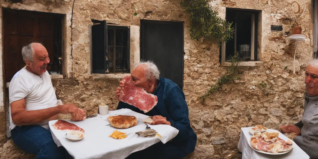 Image similar to photography of a cat eating mortadella with his loved owner at a trullo house, photoreal, 3 5 mm, award winning photography