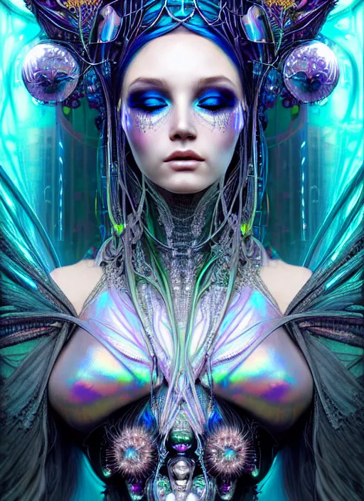 Prompt: hyperrealistic detailed portrait of a beautiful goddess in an iridescent cyber headdress, intricate cyberpunk make - up, art by android jones, nekro borja, alphonso mucha, h. r. giger, ornamental gothic - cyberpunk,