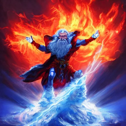 Image similar to Highly detailed oil painting, concept art, of a wizard casting a fireball spell, fighting against a huge ice giant, red and blue color scheme, concept art, highly detailed.