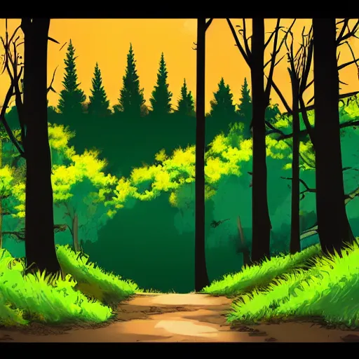 Prompt: anime background style , forest sunset