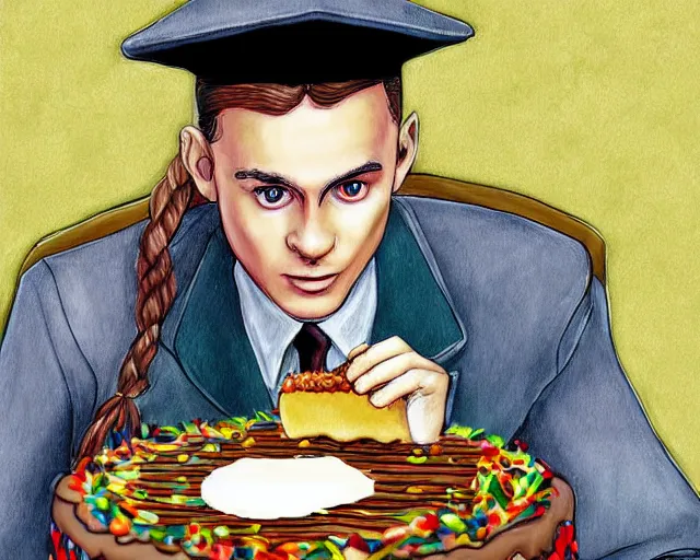 Image similar to Forrest gump eating a cake in hogwarts, digital art, highly detailed, in the style of Jeszika Le Vye