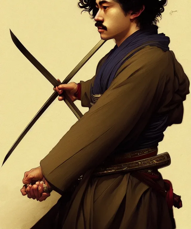 Image similar to portrait of young einstein, savant, as a samurai, ronin, intricate, headshot, highly detailed, digital painting, artstation, concept art, sharp focus, cinematic lighting, illustration, art by artgerm and greg rutkowski, alphonse mucha, cgsociety