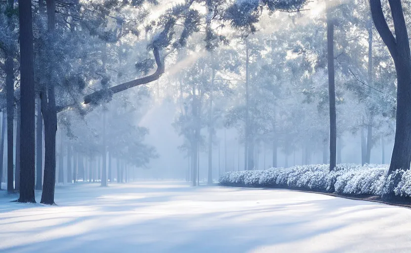 Image similar to augusta national, the masters, but during winter, completely covered in snow, beautiful ambient light, stunning photography, fog, light rays