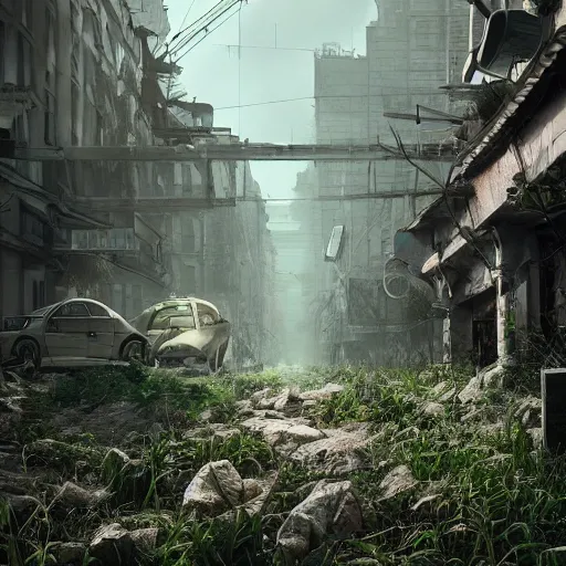 Image similar to post-apocalyptic overgrown moscow after losing the war, digital art, octane render, beautiful composition, trending on artstation, masterpiece