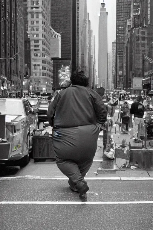 Prompt: close-up photography, fat man looks at bird in New York, soft light, 35mm, film photo, Joel Meyerowitz