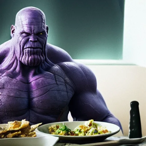 Prompt: Thanos eating lunch in prison, movie still, cinematic, extremely detailed