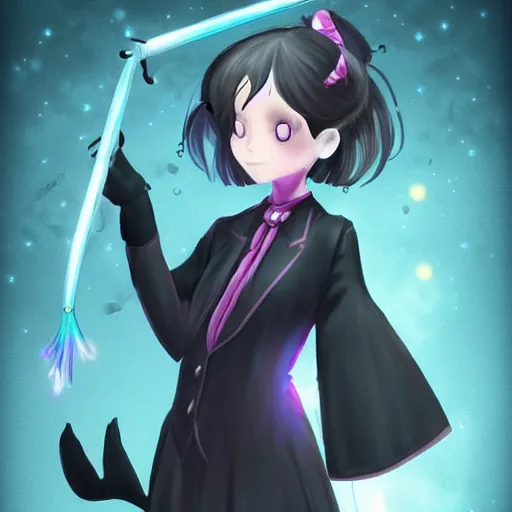 Prompt: Tired yet alert magical girl in a business suit holding a wand, iridescent digital art, 4K, trending on artstation