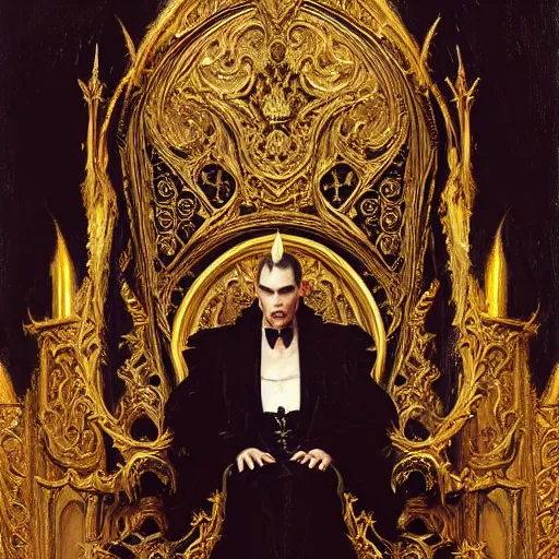 Prompt: perfectly centered portrait of attractive vampire king in gold gothic robe sitting on a throne of black bones, highly detailed painting by gaston bussiere, craig mullins, j. c. leyendecker, 8 k, mid shot