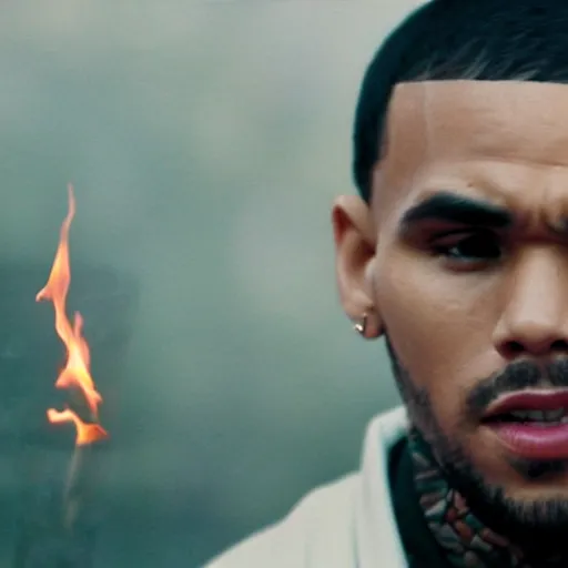 Image similar to cinematic film still of Chris Brown starring as a Japanese Sensei with fire, Japanese CGI, VFX, 2003, 40mm lens, shallow depth of field, film photography