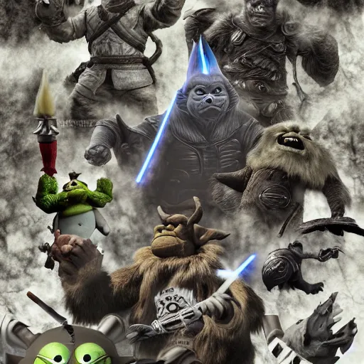 Prompt: skyrim anime godzilla yoda donkey kong pikachu yeti shrek super mario homer groot waluigi darth vader mike wazowski, highly detailed, extremely high quality, hd, 4 k, 8 k, professional photographer, 4 0 mp, lifelike, top - rated, award winning, cinematic, realistic, detailed lighting, detailed shadows, sharp, no blur, edited, corrected, trending