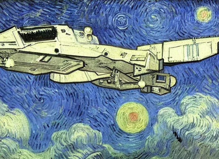 Prompt: a masterpiece oil painting of a Lambda-class T-4a Imperial Shuttle, by Vincent van Gogh,