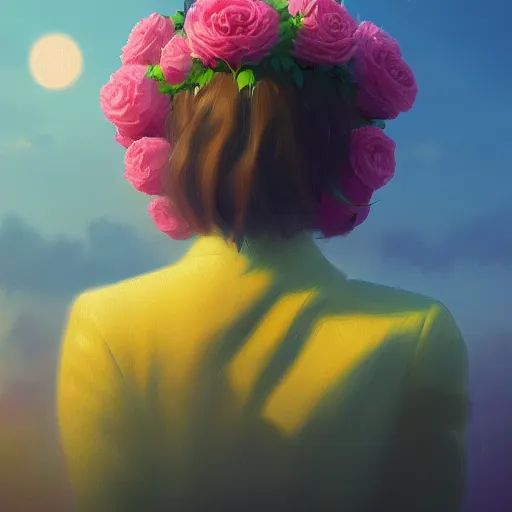 Prompt: closeup, huge rose flower head, frontal, a girl in suit, surreal photography, sunrise, dramatic light, impressionist painting, digital painting, artstation, simon stalenhag