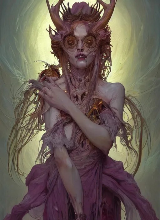 Prompt: portrait of a joyful ghost girl, golden robe, fangs , decaying bones, biomechanical, exposed bones, antlers, concept art, artstation, 4k, detailed, dramatic lighting, afternoon my sun, purple liquid, alphonse mucha, syd mead, moebius, mohrbacher, tarot card